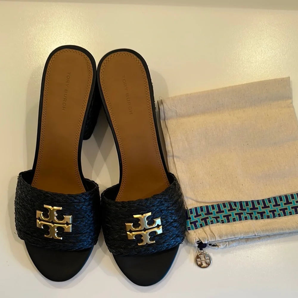 Brand New Tory Burch Everly Raffia Block Heels. Black. Size 11M.